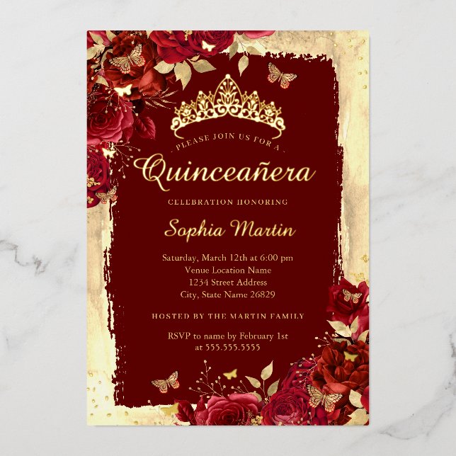 Elegant Floral Butterfly Red Gold Quinceanera  (Front)