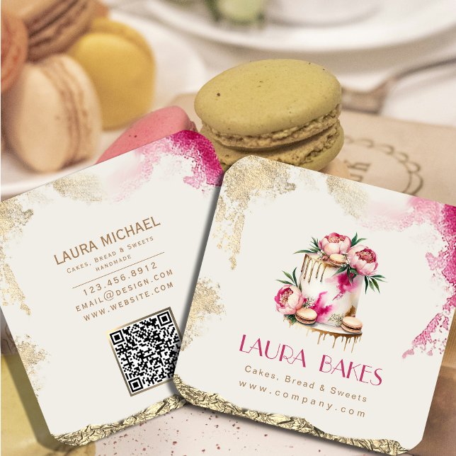 Elegant Floral Cake Design with Gold Accents Square Business Card (Elegant Floral Cake Design #artist #goldfoil #watercolorfloral #decorationcake #dessert,)