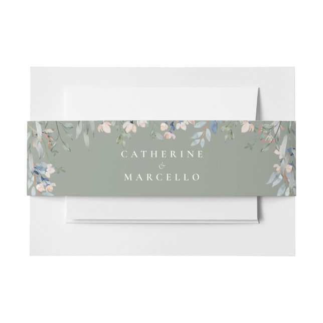 Elegant Floral Cascade Sage Green Wedding Invitation Belly Band (Front Example)