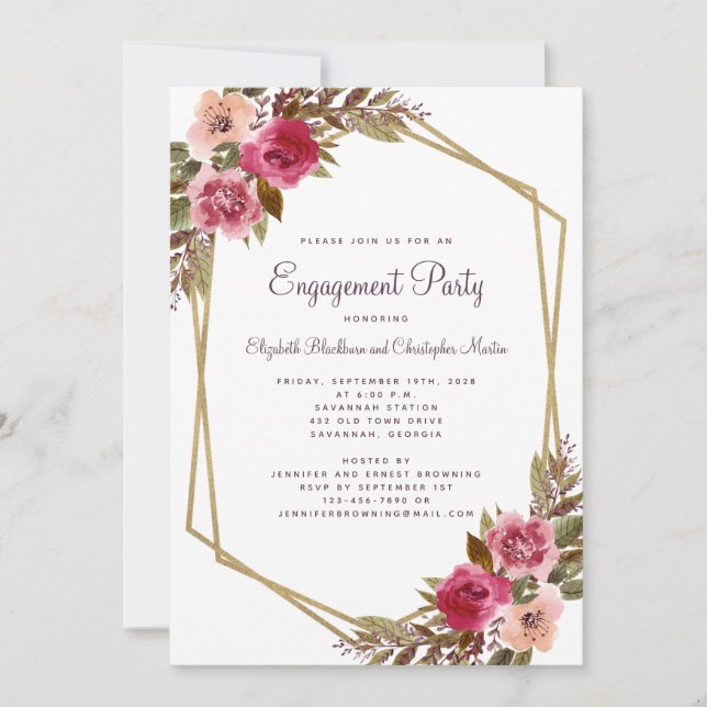 Elegant Floral Cassis Purple Gold Engagement Party Invitation (Front)