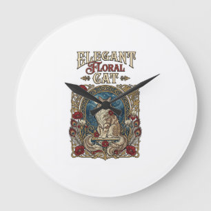 Elegant Floral Cat Cat Art Nouveau Vintage Vector Large Clock