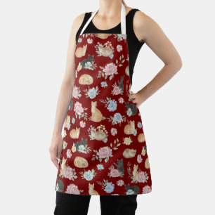 Elegant Floral Cat Print Apron