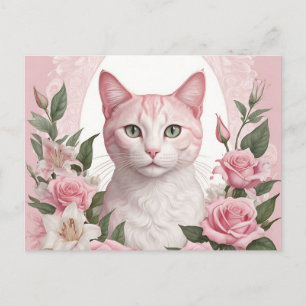 Elegant Floral Cat with Vibrant Roses and Lilies  Postcard