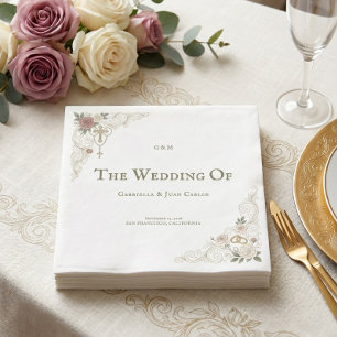 Elegant Floral Catholic Cross Wedding Party Napkin