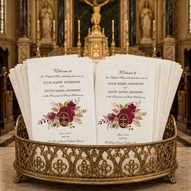Elegant Floral Catholic Latin Mass Wedding Program (Creator Uploaded)