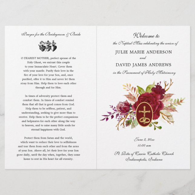 Elegant Floral Catholic Latin Mass Wedding Program (Front)