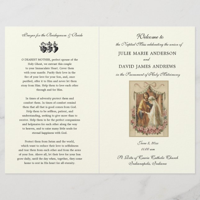 Elegant Floral Catholic Wedding Mass Program (Front)
