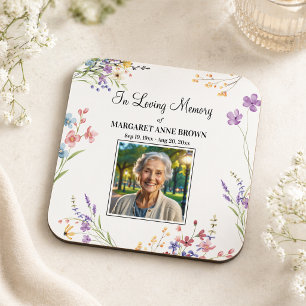 Elegant Floral Celebration Of Life Photo  Square Paper Coaster