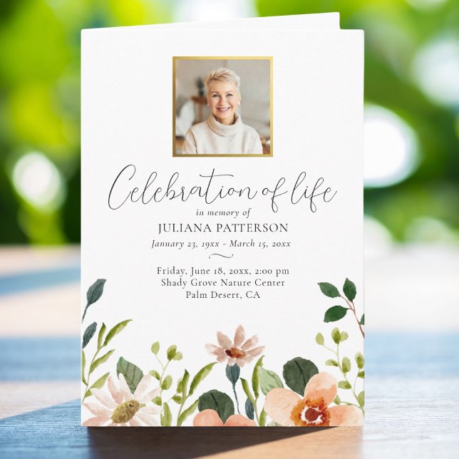 Elegant Floral Celebration of Life Photos Funeral  Program (Creator Uploaded)