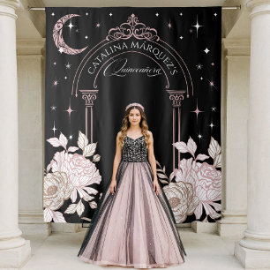 Elegant Floral Celestial Moon Stars Quinceañera Tapestry