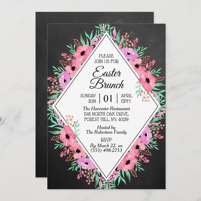 Elegant Floral Chalkboard Easter Brunch Invitation (Front/Back)