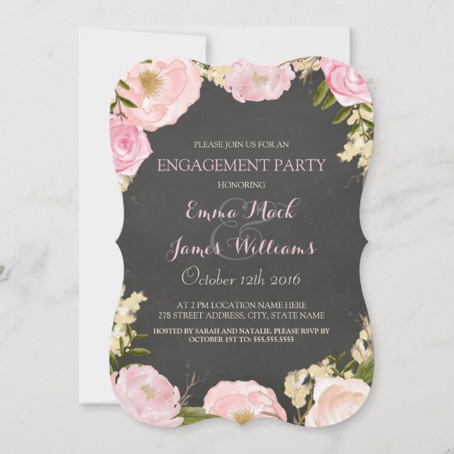 Elegant Floral Chalkboard Engagement Party Invite (Front)