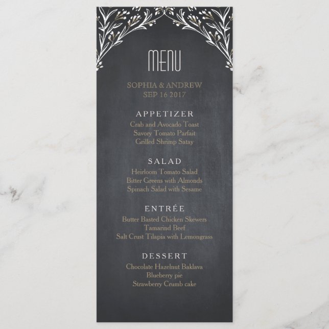 Elegant floral chalkboard rustic wedding menu (Front)