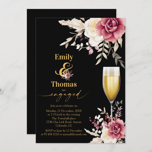 elegant floral champagane glass wedding engagement invitation (Front/Back)