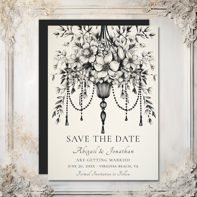 Elegant Floral Chandelier Black and White Wedding  Save The Date (Elegant Floral Chandelier Black and White Wedding Save The Date)