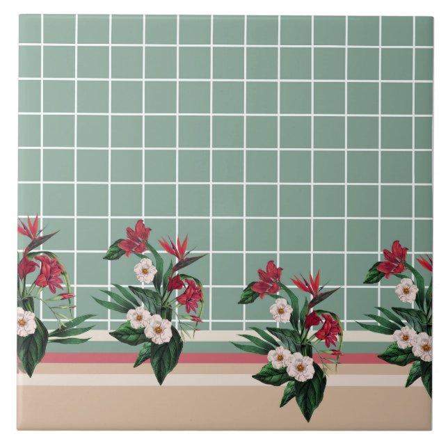 Elegant Floral Checked  Ceramic Tile (Front)