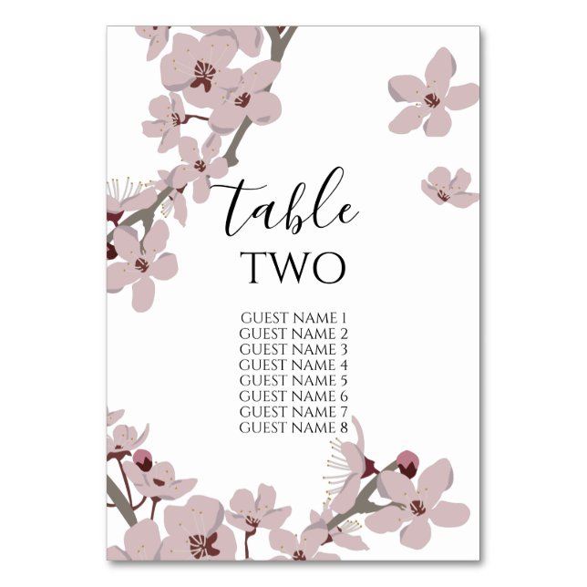 Elegant Floral Cherry Blossom Wedding Guest Names Table Number (Front)