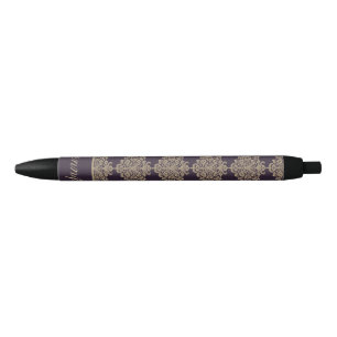 Elegant floral chic gold damask pattern black ink pen
