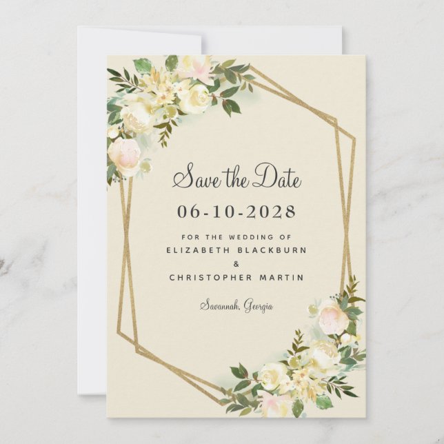 Elegant Floral Chic Gold Greenery Rose Wedding Save The Date (Front)