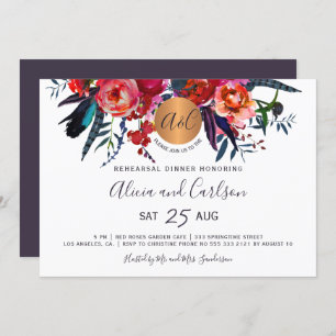 Elegant floral chic monogrammed rehearsal dinner invitation