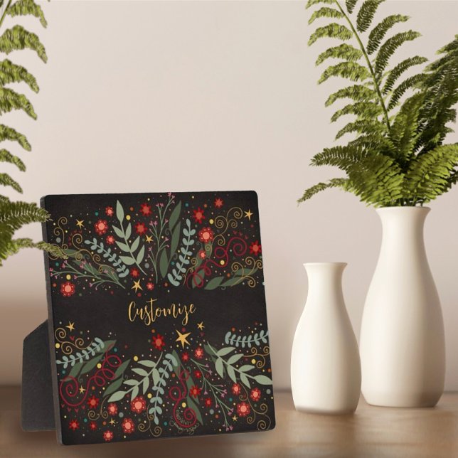 Elegant Floral Christmas Berries Stars Black Plaque (Creator Uploaded)