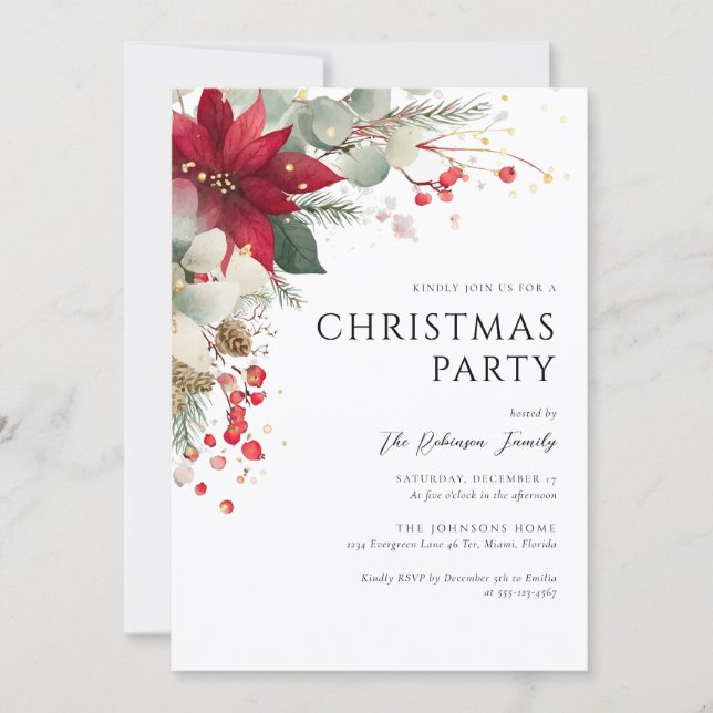 Elegant Floral Christmas Party Red Invitation (Front)