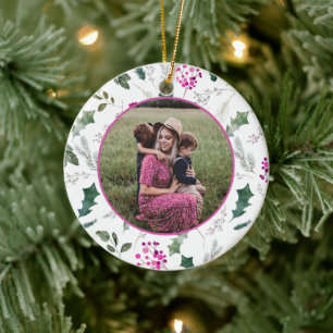 Elegant Floral Christmas Photo  Ceramic Ornament