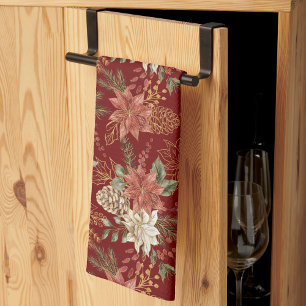 Elegant Floral Christmas Poinsettia Dark Red Tea Towel