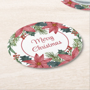Elegant Floral Christmas Wedding Red Poinsettia Round Paper Coaster