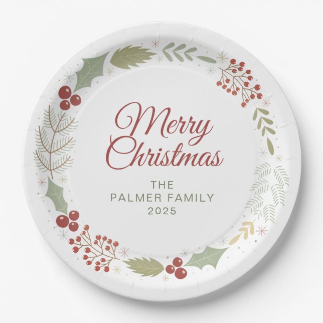 Elegant Floral Christmas Wreath Family Custom Name Paper Plate (Front)