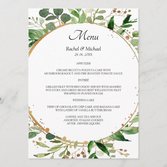 Elegant Floral Circle Green Gold Menu (Front)