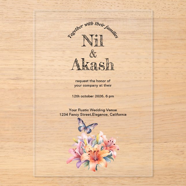 Elegant Floral Clear Acrylic Wedding Invitation (Front)