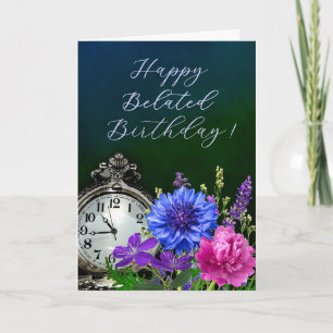 Elegant Floral Clock Belated Birthday Card