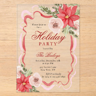 Elegant Floral Coquette Christmas Party Acrylic Invitations