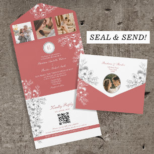 Elegant Floral Coral Wedding  All In One Invitation