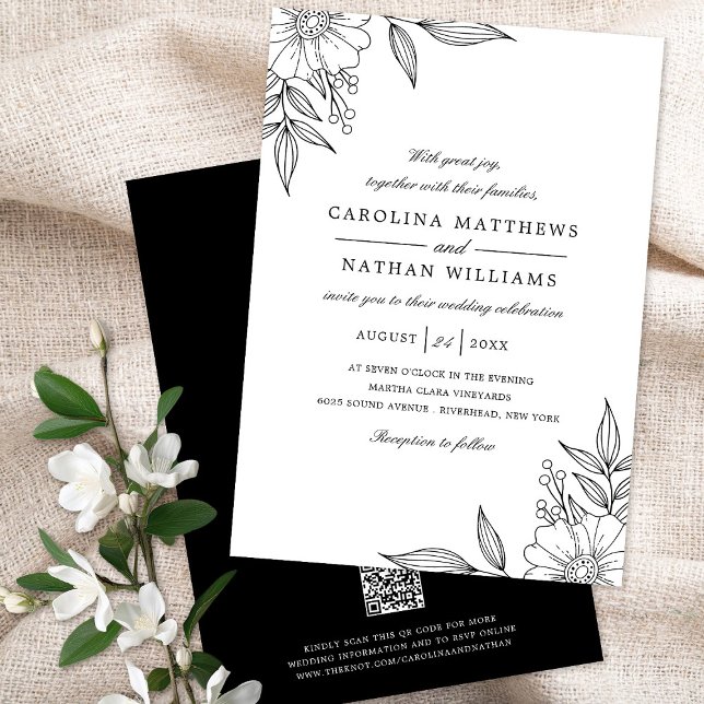 Elegant Floral Corners Wedding Black QR Code Invitation (Creator Uploaded)