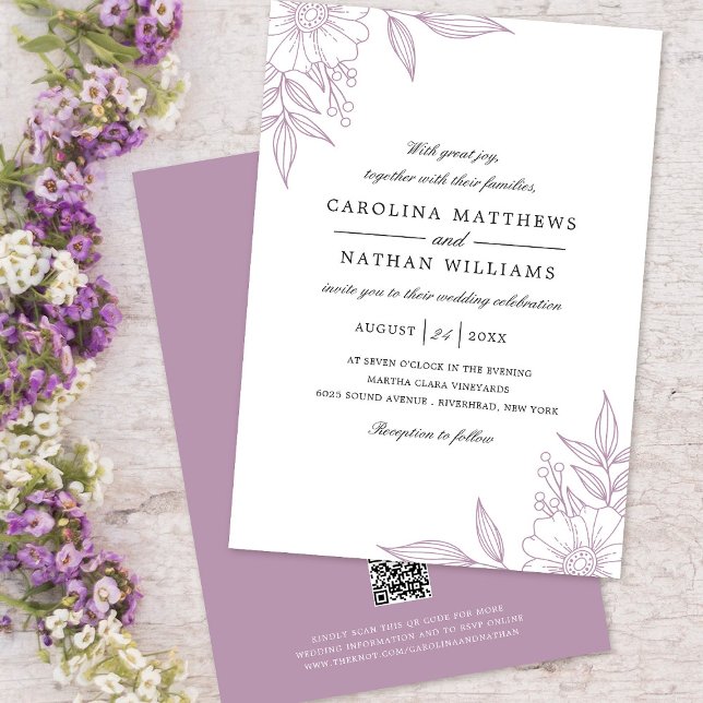 Elegant Floral Corners Wedding Lavender QR Code Invitation (Creator Uploaded)