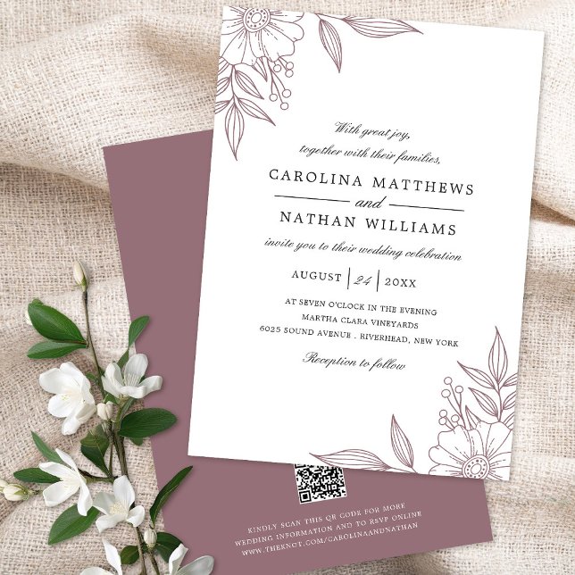 Elegant Floral Corners Wedding Mauve QR Code Invitation (Creator Uploaded)