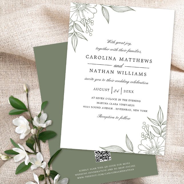 Elegant Floral Corners Wedding Sage Green QR Code Invitation (Creator Uploaded)