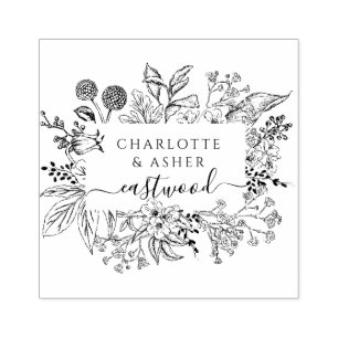 Elegant Floral Couple Name Rubber Stamp