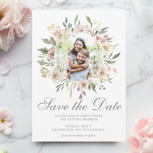 Elegant Floral Couple Photo Blush Pink Save The Date