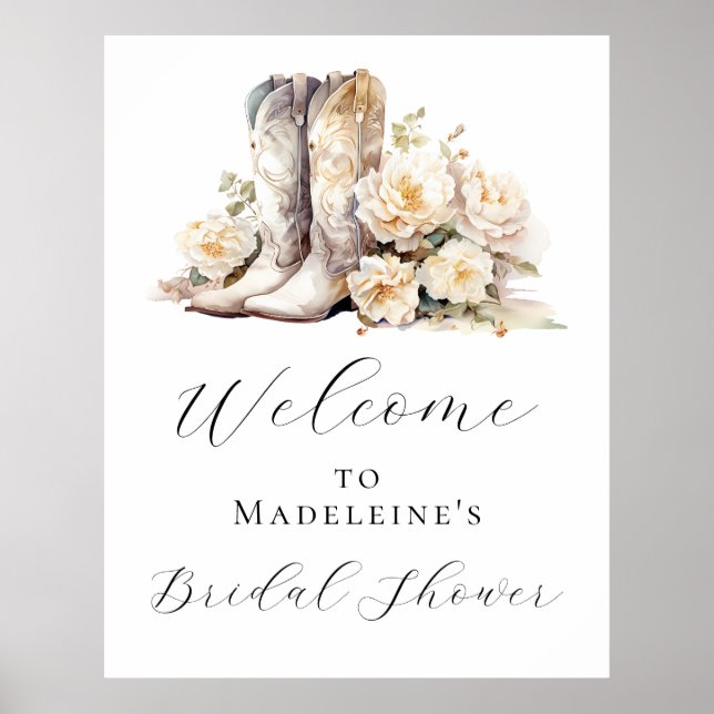 Elegant Floral Cowgirl Boots Bridal Shower Welcome Poster (Front)