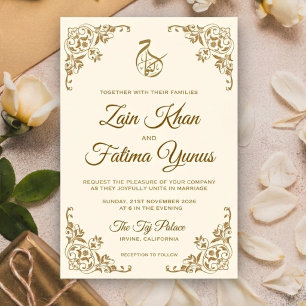 Elegant Floral Cream and Gold Islam Muslim Wedding Invitation