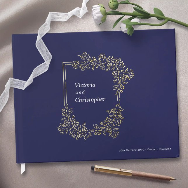 Elegant Floral Crest Classic Botanical Wedding Guest Book (Elegant Romantic Wedding Guest Book with Gold Foil)