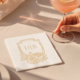 Elegant Floral Crest Couples Monogram Wedding Date Foil Napkins