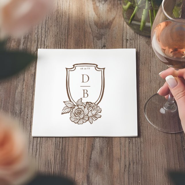 Elegant Floral Crest Couples Monogram Wedding Date Napkin (Elegant Floral Crest Couples Monogram Wedding Date Napkins)