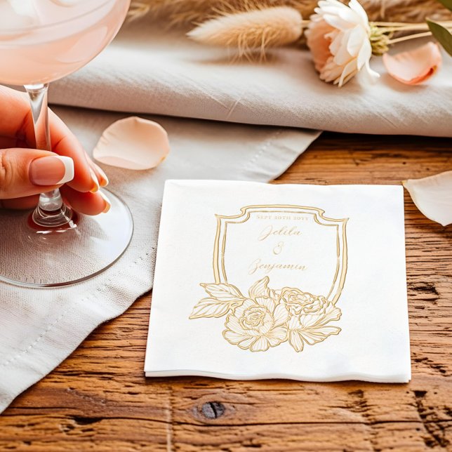 Elegant Floral Crest Couples Name & Wedding Date Foil Napkins (Elegant Floral Crest Couples Name & Wedding Date Foil Napkins)