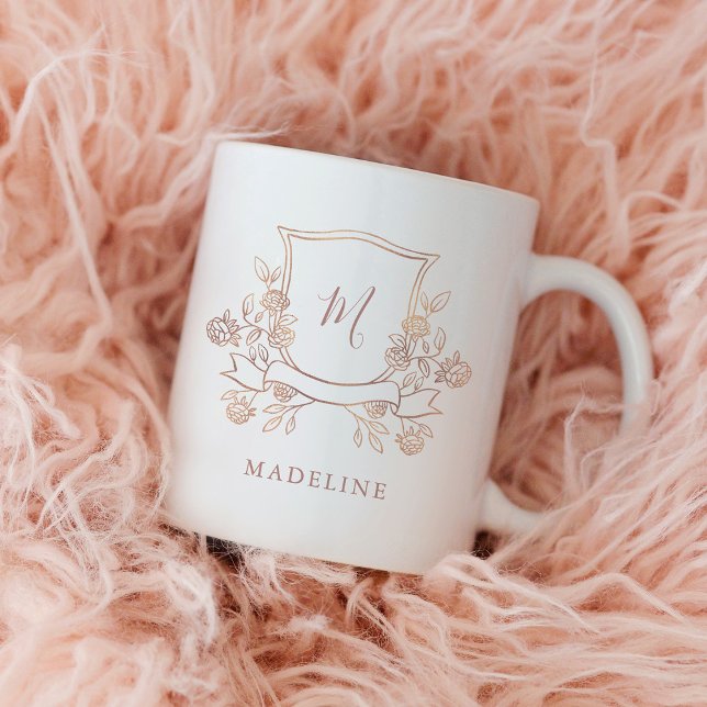 Elegant Floral Crest | Faux Rose Gold Monogram Coffee Mug (An elegant floral crest decorates this stylish mug.)