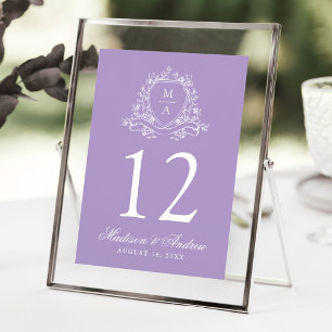 Elegant Floral Crest Lavender Wedding Table Number