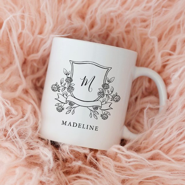 Elegant Floral Crest | Monogram and Name Coffee Mug (An elegant floral crest decorates this stylish mug.)